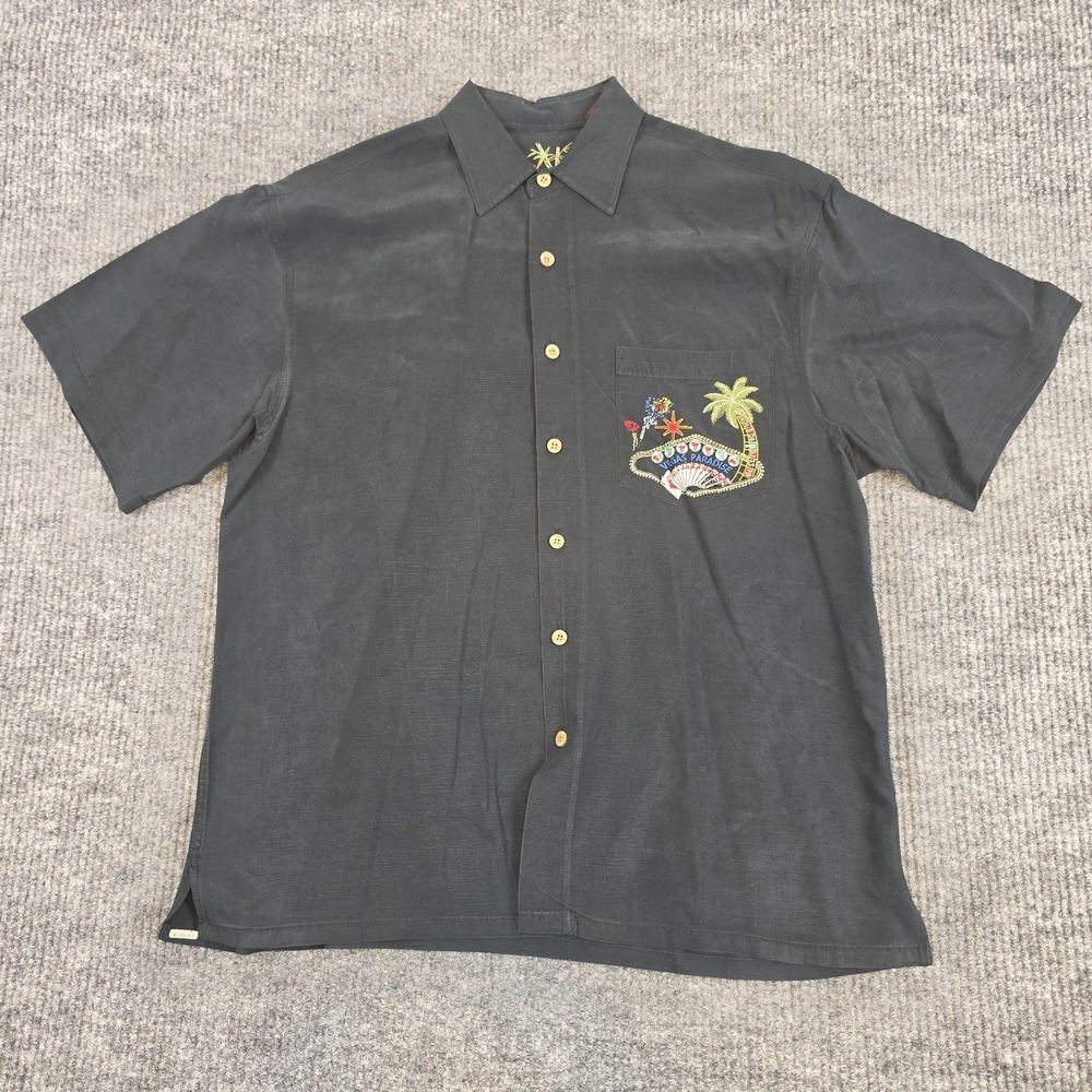 Bamboo Cay M Black Hawaiian Shirt Men's Embroidered Vegas Paradise Button Down
